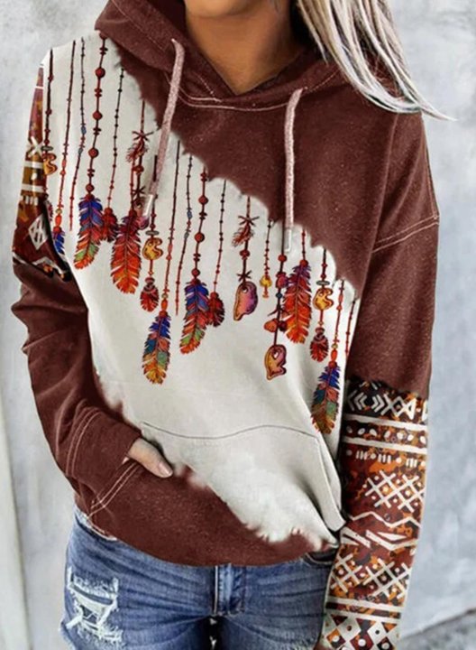 Women's Hoodies Drawstring Long Sleeve Color Block Tribal Hoodies With Pockets