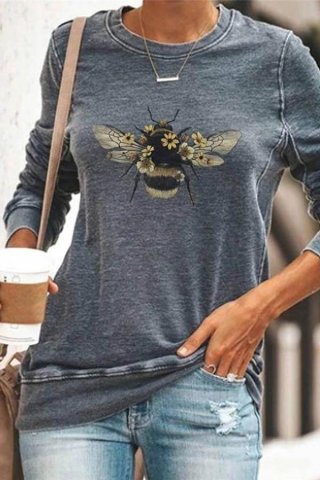 Bee Floral Print Paneled Casual Long Sleeves T-shirt