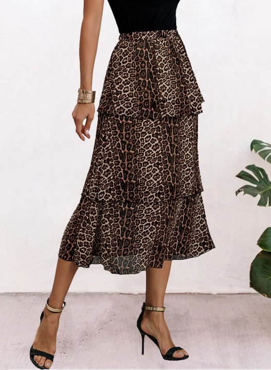 Women's Skirts Leopard High Waist Flare Daily Casual Midi Skirt