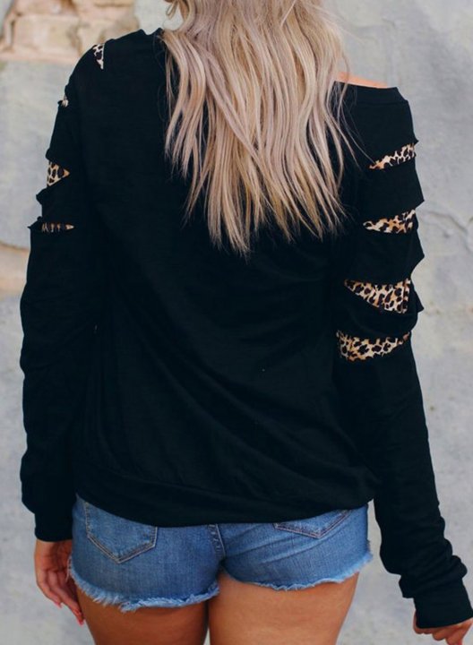 Off shoulder Leopard Solid Long Sleeve Cut out Sweatshirt