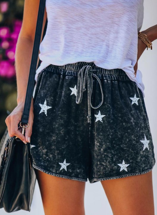 Star Print Drawstring Loose Shorts