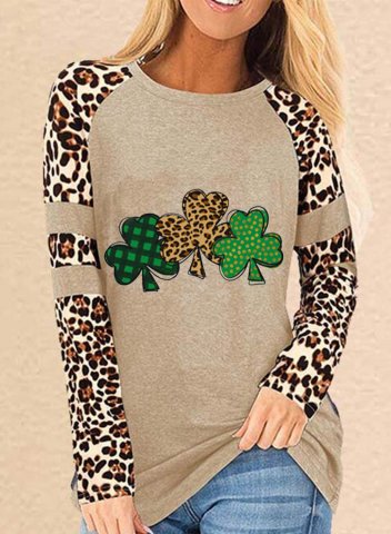Women's Tunic Tops Casual Color Block Shamrock Leopard Round Neck Long Sleeve Daily Tops