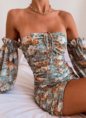 Women's Mini Dresses Ruffle Cold Shoulder Floral Color Block 3/4 Sleeve Off Shoulder Bodycon Boho Mini Dress