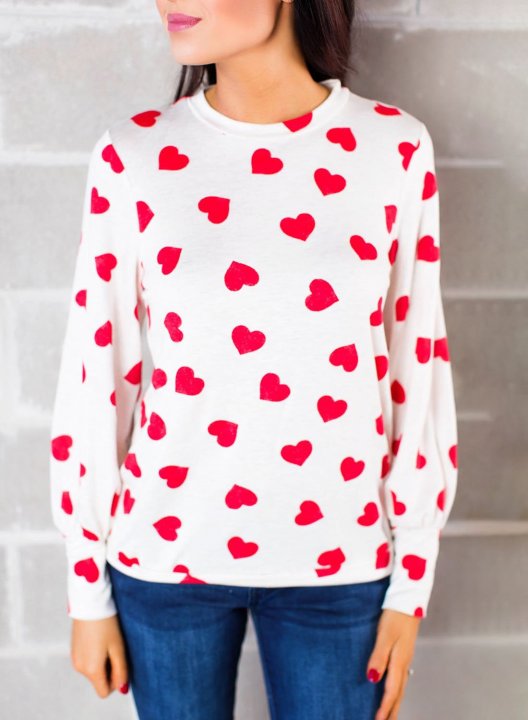 Women's Sweatshirts Color Block Heart-shaped Print Long Sleeve Round Neck Casual Sweatshirt