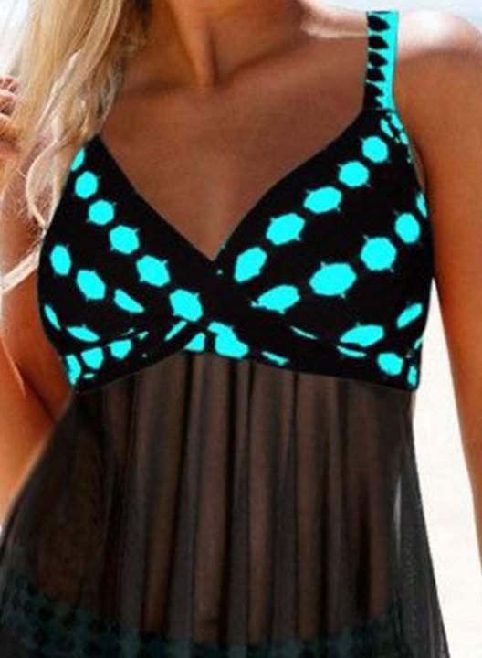 Women's Tankinis High Waist Color Block Mesh V Neck Padded Casual Tankini Set