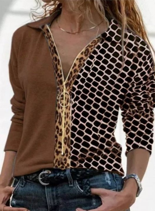 Women's Shirts Geometric Leopard Turn Down Collar Zip Long Sleeve Daily Casual Shirts