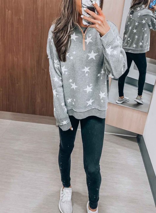 Star Solid Long Sleeve Stand Neck Zip Front Sweatshirt