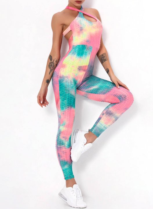 Women's Jumpsuits Color Block Tiedye High Waist Full Length Casual Cut-out Jumpsuits