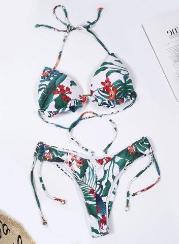 Women's Bikinis Suits Low Rise Floral Padded Sleeveless Adjustable Wire-free Halter Drawstring Casual Suits