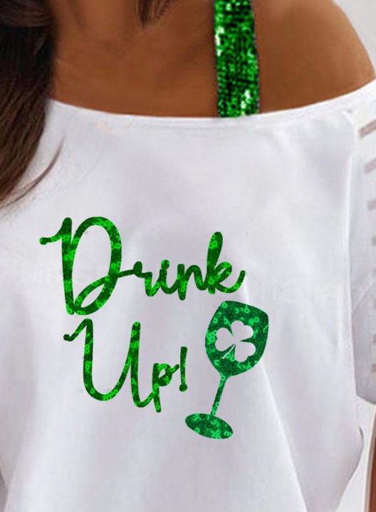 Women's St Patrick's Day T-shirts Drink up Wineglass Print Sequin Short Sleeve Off Shoulder Daily T-shirt