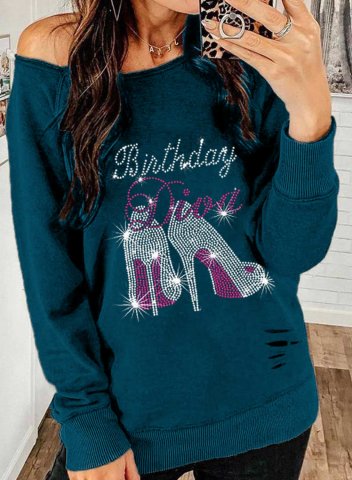 Women's Sweatshirt High-heels Rhinestones Birthday Diva Print Long Sleeve Cold-shoulder Birthday Shirt