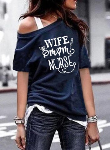 Women's funny T-shirts Slogan Wife Mom Nurse Asymmetric Cold Shoulder T-shirt
