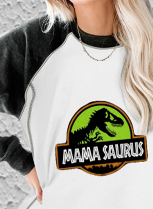 Women's Sweatshirts Mama Saurus Letter Print Long Sleeve Round Neck Casual Raglan Sleeves Color Block Sweatshirt