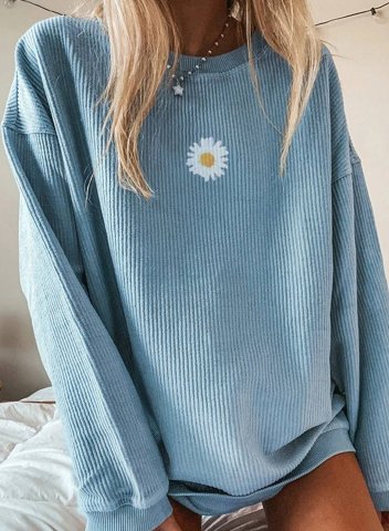 Solid Round Neck Little Daisy Long Sleeve Sweatshirt