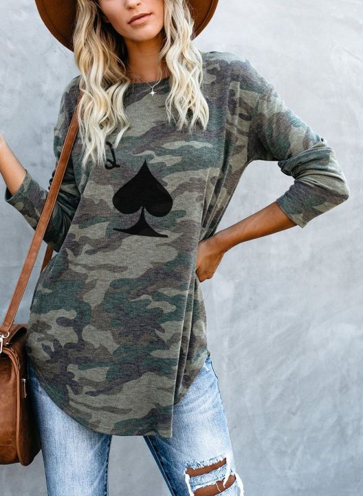 Camouflage Long Sleeve Lip Print Crew Neck Tunic Sweatshirt