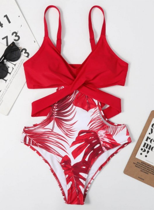 Women's One Piece Swimwear Floral Color Block V Neck One-Piece Swimsuits One-Piece Bathing Suits