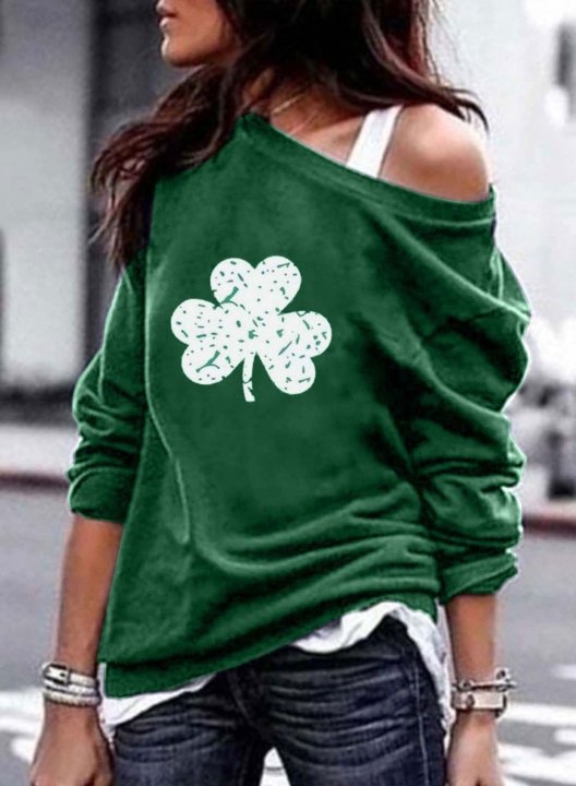 Women's Sweatshirts Clover Print Long Sleeve Cold Shoulder Sweatshirt