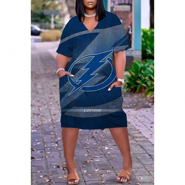 Tampa Bay Lightning Print Fashion Casual V Neck Short Sleeve Dress