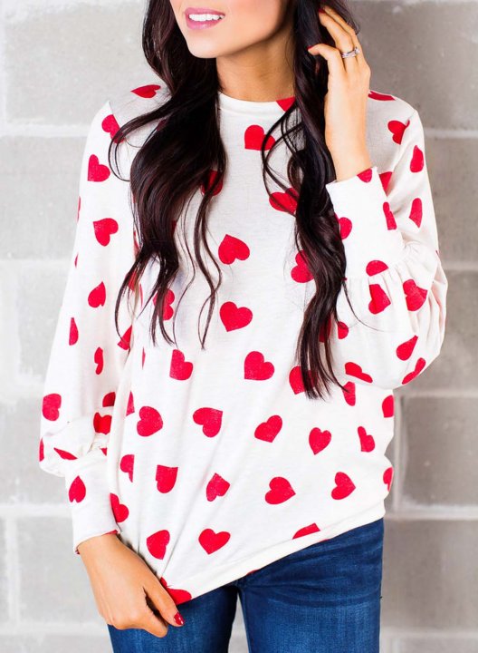 Women's Sweatshirts Color Block Heart-shaped Print Long Sleeve Round Neck Casual Sweatshirt