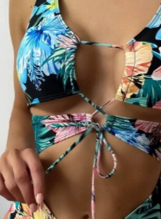 Women's One Piece Swimwear Floral U Neck Knot Cut Out One-Piece Swimsuit