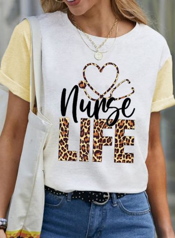 Women's T-shirts Letter Leopard Round Neck Short Sleeve Casual Daily T-shirts