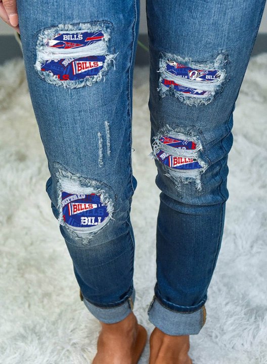 Women's Buffalo Bills Jeans Casual Mid Waist Slim Color Block Full Length Jeans