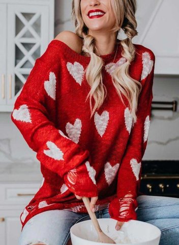 Women's Red Heart Print Sweaters Cold-shoulder Cut-out Basic Knitted Sweater