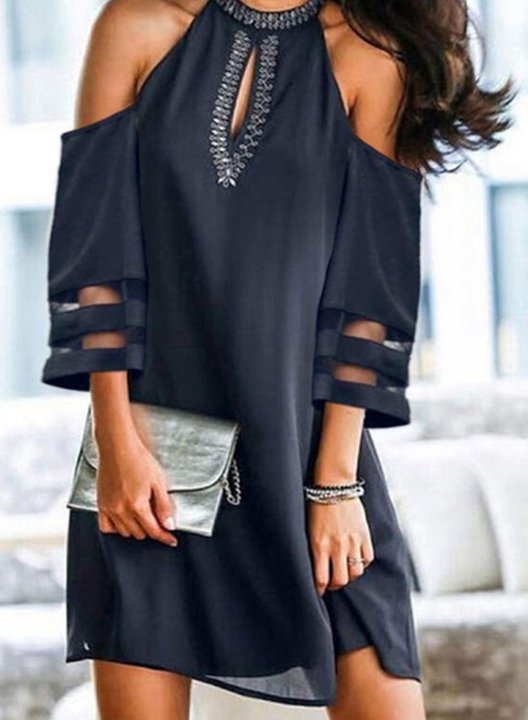 Women's Mini Dresses Mesh Sheer Shift Solid 3/4 Sleeve Dress