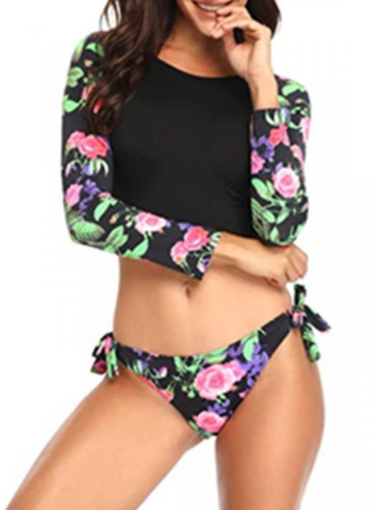 Women's Bikinis Floral Fruits & Plants Color Block Low Rise Long Sleeve Round Neck Adjustable Open-back Bikini Sets