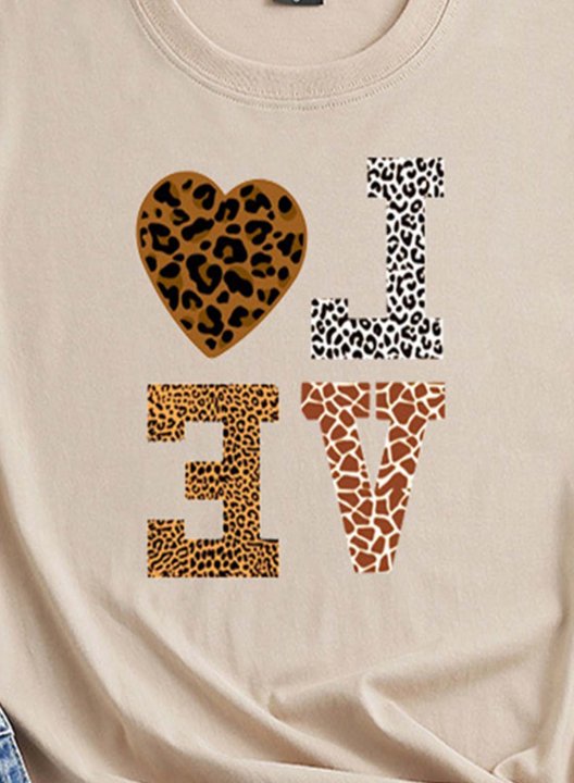 Women's T-shirts Solid Leopard Letter Short Sleeve Round Neck Daily T-shirt