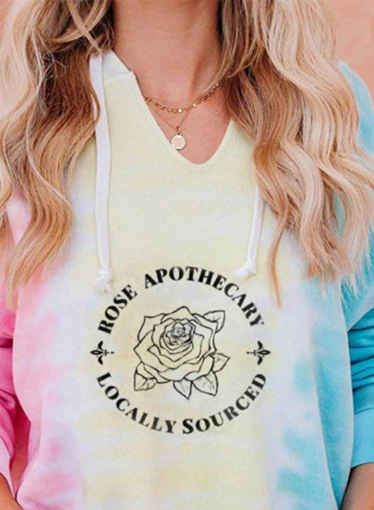 Women's Rose Apothecary Tie Dye Hoodies Drawstring V Neck Long Sleeve Letter Color Block Daily Hoodies