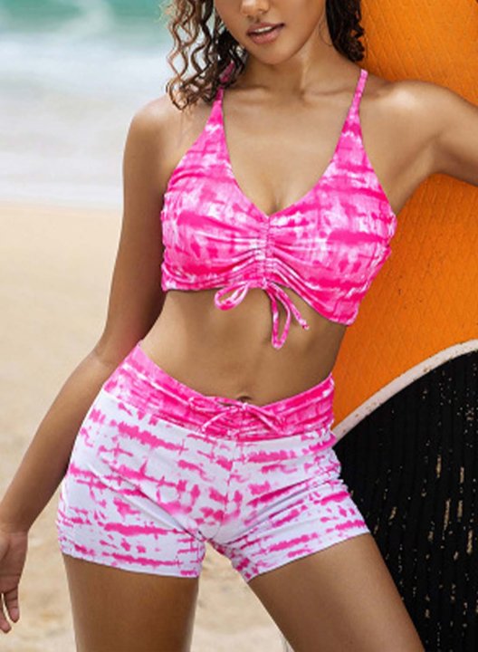 Women's Bikinis Mid Waist Color Block Sleeveless Spaghetti Wire-free Unadjustable Knot Casual Bikini Suit