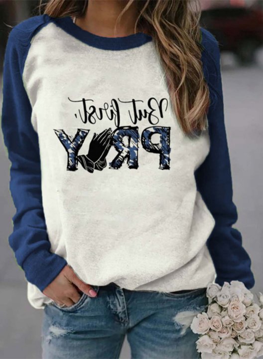 Women's Sweatshirts Letter But First Pray Color Block Round Neck Long Sleeve Casual Basic Sweatshirts