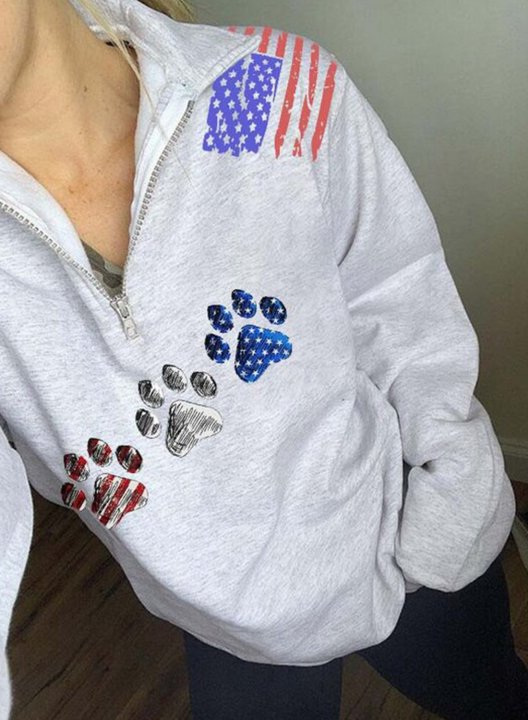 Women's Sweatshirts High Neck Zip American Flag Dog Paw Print Long Sleeve Sweatshirts