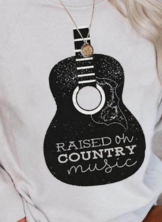 Women's Country Music Sweatshirts Guitar Letter Print Long Sleeve Round Neck Casual Sweatshirt