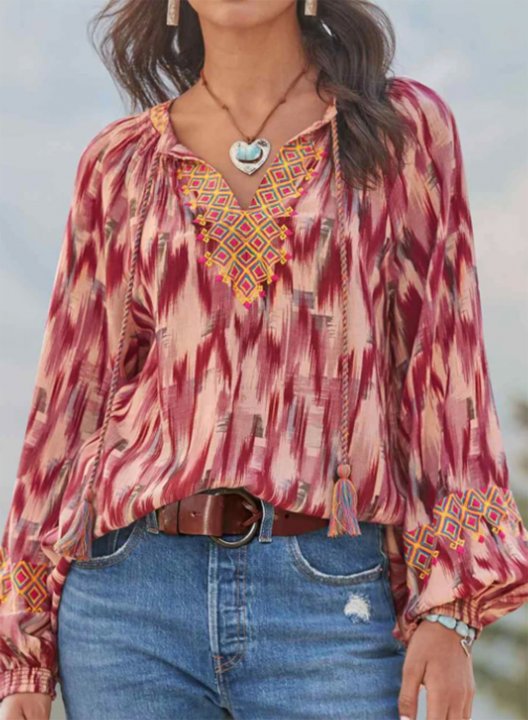 Women's Shirts Tribal V Neck Long Sleeve Fringe Casual Daily Boho Shirts