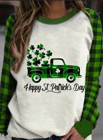 Women's St Patrick's Day Sweatshirts Color Block Letter Print Plaid Long Sleeve Round Neck Daily Sweatshirt