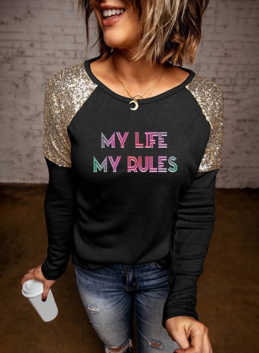 Women's Feminists Tops My Life My Rule Color-block Letter Print Sequin Long Sleeve Round Neck Daily T-shirt