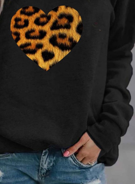 Women's Leopard Heart Print Sweatshirt Casual Solid Round Neck Long Sleeve Daily Pullovers