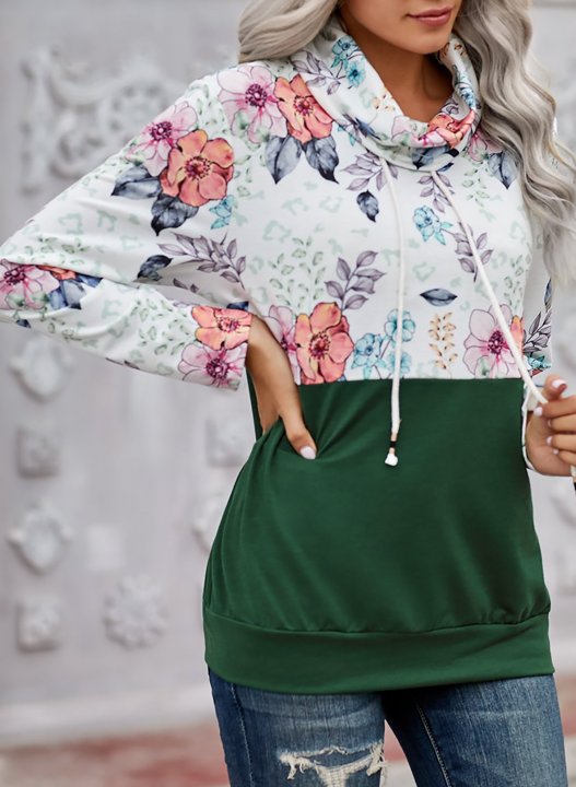 Color Block Long Sleeve High Neck Floral Sweatshirt