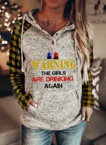 Women's Hoodies Casual Letter Plaid Color Block Button Drawstring Long Sleeve Pocket Hoodies