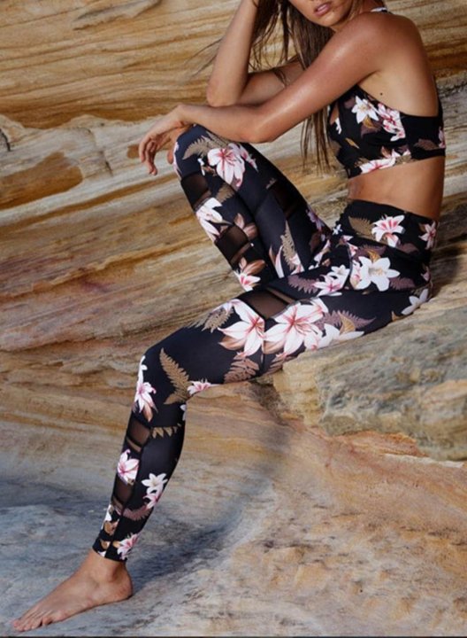 Women's Leggings Mesh Slim Floral Fruits & Plants Mid Waist Full Length Daily Sporty Pants