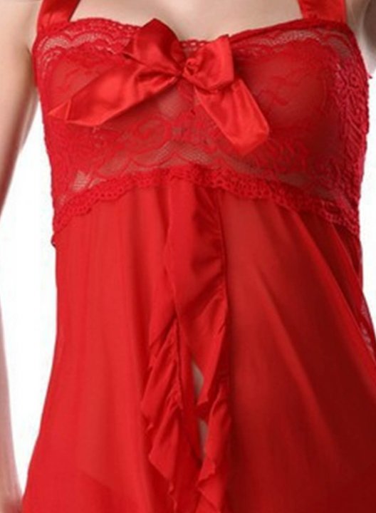 Women's Nightdresses Solid Sleeveless Halter Ruffle Adjustable Two-piece Sheer Mesh Nightdress