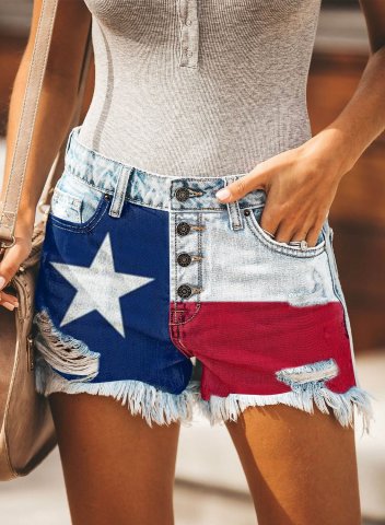 Women's Jeans Color Block Texas Flag Star Mid Waist Daily Short Jean