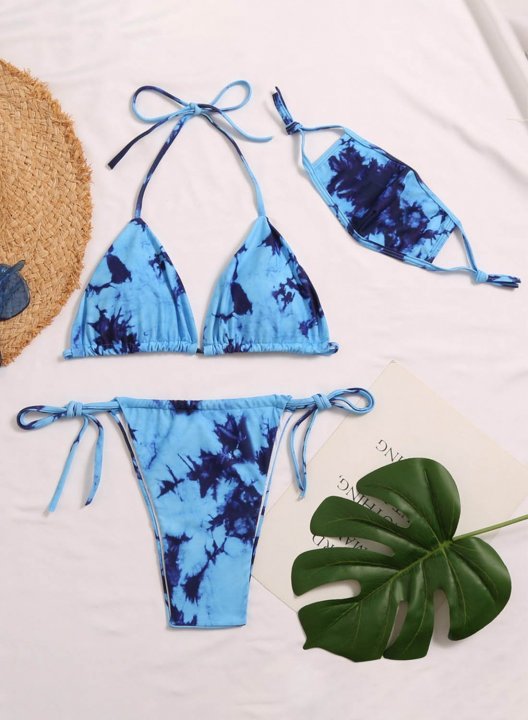 Women's Bikini Heart-shaped Tiedye Sleeveless Spaghetti Vacation Beach Three-piece Bikini Sets