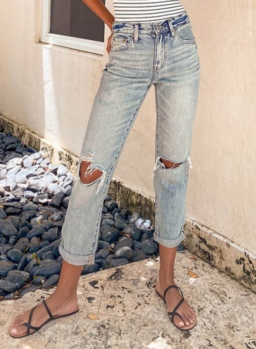 Women's Jeans Ripped Slim Solid High Waist Daily Cropped Pocket Jeans