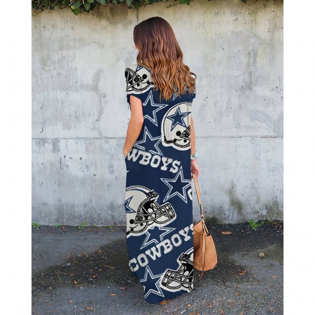 V-neck Cowboys Print Short-Sleeved Loose Long Dress