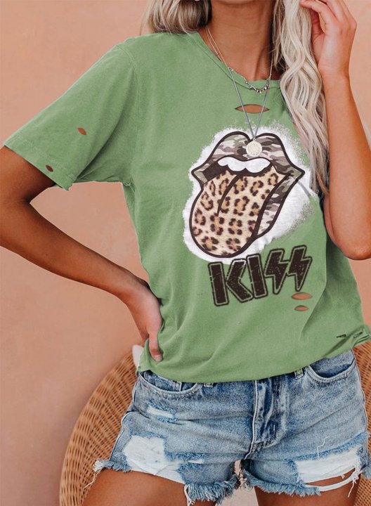 Women's T-shirts Solid Leopard Lip-Print Camouflage Letter Short Sleeve Round Neck Daily Cut-out T-shirt