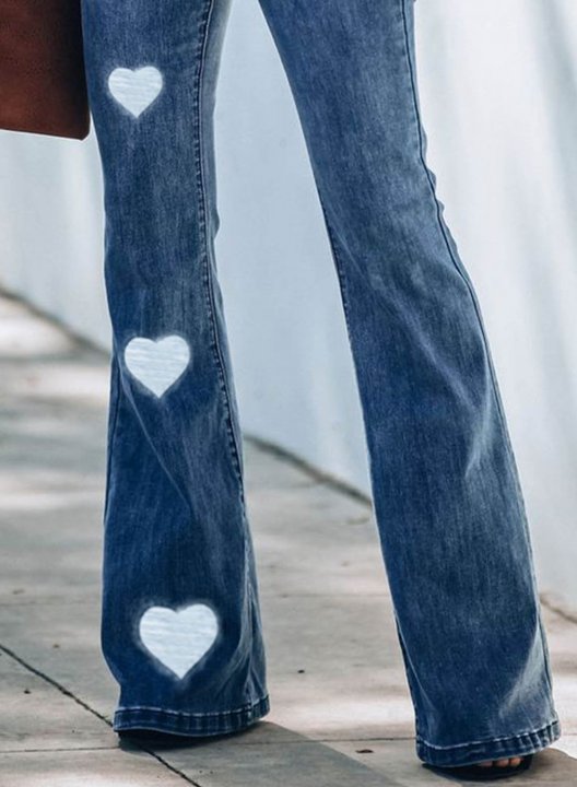 Women's Bell Bottom Jeans Heart Print Mid Waist Daily Casual Jean