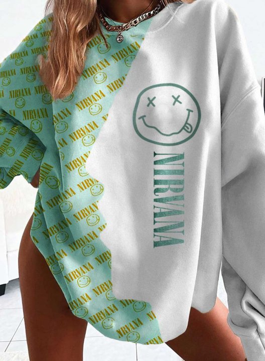 Women's Nirvana Sweatshirts Letter Print Color Block Loose Long Sleeve Round Neck Sweatshirt